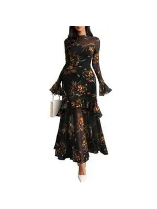 Dresses & Skirts - Women's Floral Maxi Dress Sheer Mesh Bell Sleeve Tiered Ruffle Gothic Long Dress
